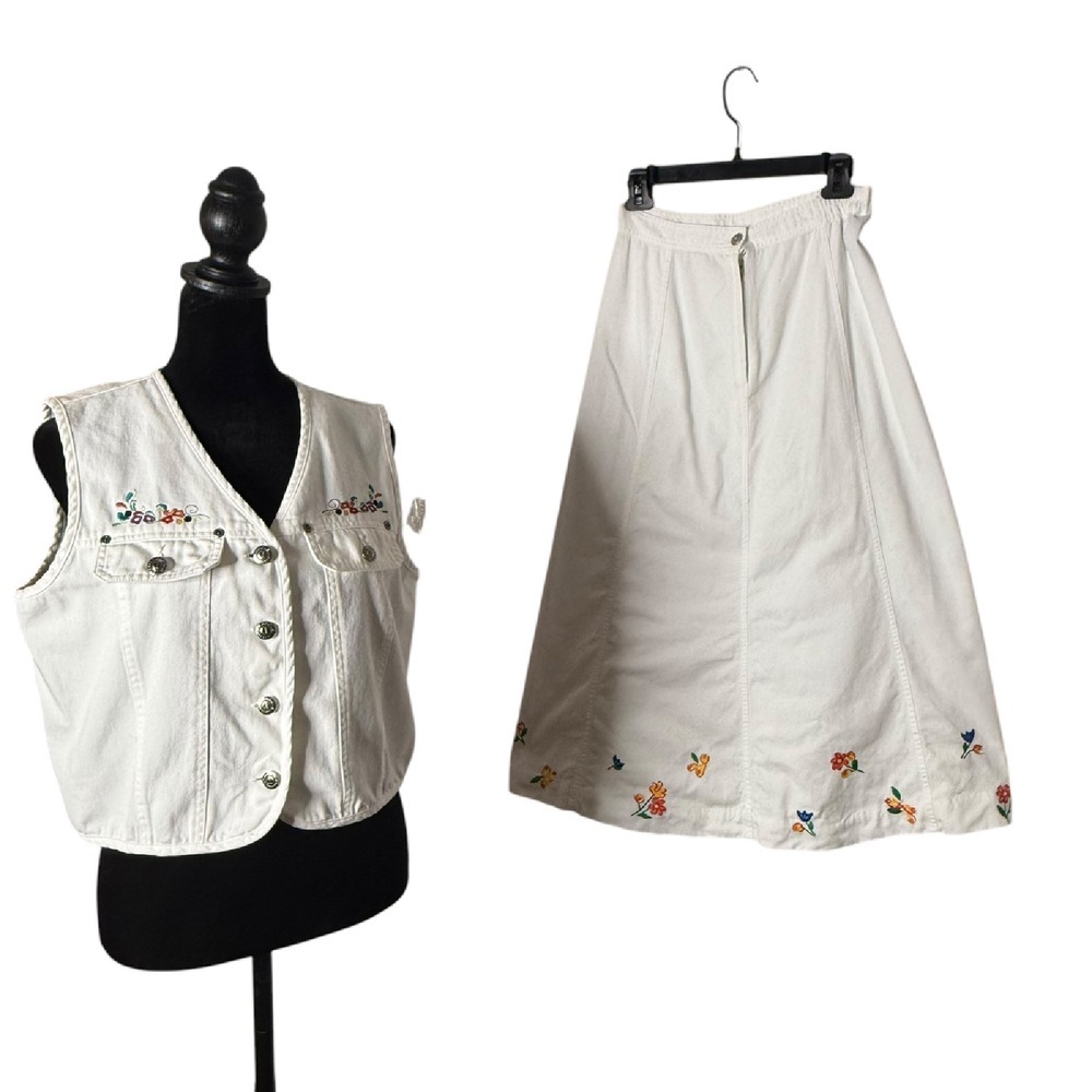 Vintage Carole Little Denim Skirt Set‎ Embroidered Prairie Size M Cowgirl BOHO